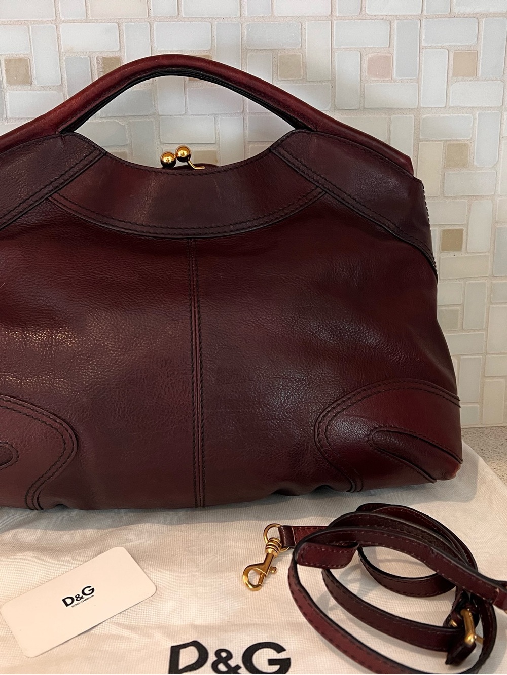 D&G Amber Burgundy Textured Leather Shoulder Bag with Gold Hardware